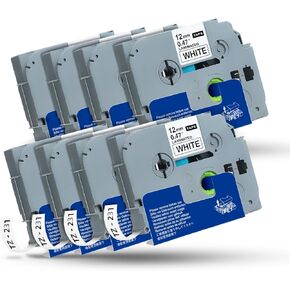 استبدل شريط الملصقات Brother P-Touch، شريط إعادة تعبئة شريط الملصقات 4 عبوات، أشرطة Tze 12 مم 0.47 أشرطة بيضاء TZe-231 Tze Tz 231 متوافقة مع Brother PT-D210 D220 D410 D600 H110 إلخ in Kuwait
