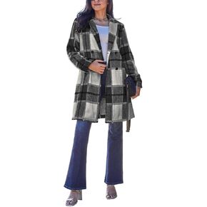 Women's Long Plaid Coat Button Up Jacket Stylish Double-Breasted Lapel Collar Full-Length Sleeves Warm in Kuwait