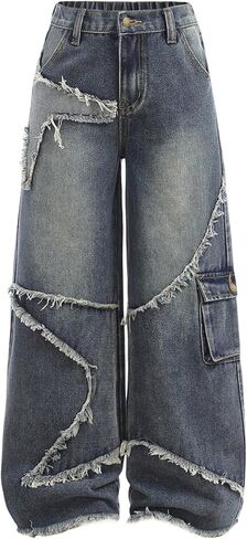 Floerns Girl's Y2k Frayed Star Wide Straight Leg Jeans Street Baggy Denim Pants in Saudi Arabia