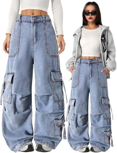 Nivne Tco Tween Girl's Cargo Jeans Y2K Loose Casual Wide Leg Design Zipper Fly Girls Long Blue Denim Pants with Pockets in Saudi Arabia