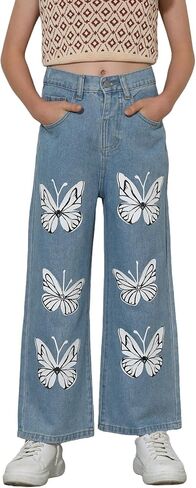 Girls Jeans Baggy Pants Wide Leg Butterfly Print Denim Girls Clothes Outfits Preppy Casual Kids 8-14Y in Saudi Arabia