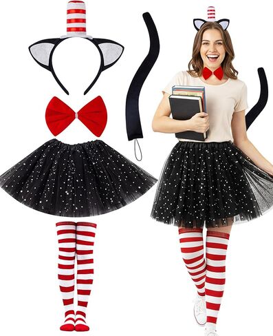 Cat Costume for Women - 5 Pcs Black Tutu Skirt Cat Ear Headband Black Tail Red Stripe Socks and Bow Tie Set for Halloween Dress Up Party Cosplay in Kuwait