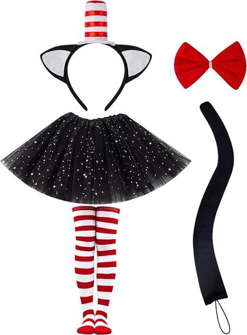 Cat Costume for Women - 5 Pcs Black Tutu Skirt Cat Ear Headband Black Tail Red Stripe Socks and Bow Tie Set for Halloween Dress Up Party Cosplay in Kuwait