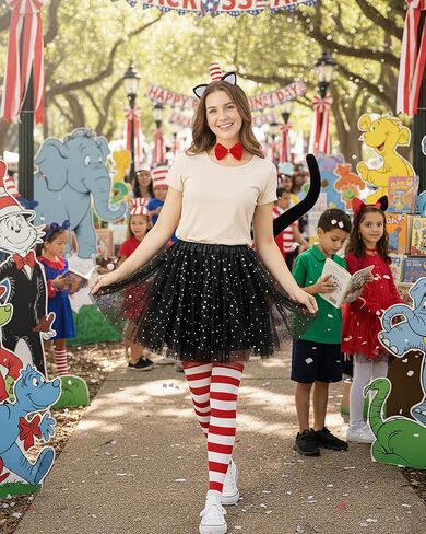 Cat Costume for Women - 5 Pcs Black Tutu Skirt Cat Ear Headband Black Tail Red Stripe Socks and Bow Tie Set for Halloween Dress Up Party Cosplay in Kuwait