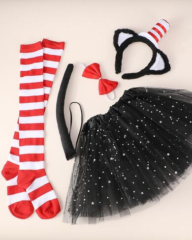 Cat Costume for Women - 5 Pcs Black Tutu Skirt Cat Ear Headband Black Tail Red Stripe Socks and Bow Tie Set for Halloween Dress Up Party Cosplay in Kuwait