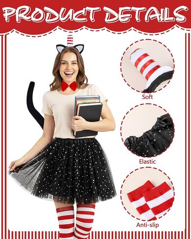 Cat Costume for Women - 5 Pcs Black Tutu Skirt Cat Ear Headband Black Tail Red Stripe Socks and Bow Tie Set for Halloween Dress Up Party Cosplay in Kuwait