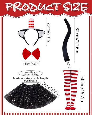 Cat Costume for Women - 5 Pcs Black Tutu Skirt Cat Ear Headband Black Tail Red Stripe Socks and Bow Tie Set for Halloween Dress Up Party Cosplay in Kuwait