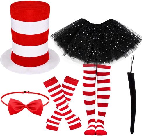 6 Pcs Cat Costume Accessories Set Include Red White Striped High Top Hat Gloves Knee Stockings Black Tutu Skirt with Star Red Bow Tie Tail for Book Week Party Supply in Saudi Arabia