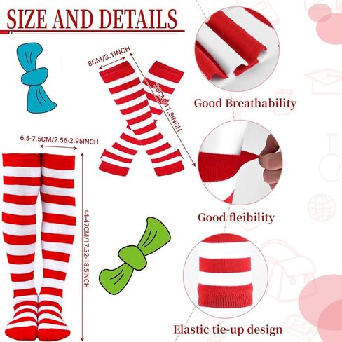 6 Pcs Cat Costume Accessories Set Include Red White Striped High Top Hat Gloves Knee Stockings Black Tutu Skirt with Star Red Bow Tie Tail for Book Week Party Supply in Saudi Arabia