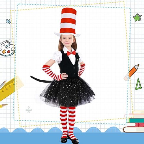 6 Pcs Cat Costume Accessories Set Include Red White Striped High Top Hat Gloves Knee Stockings Black Tutu Skirt with Star Red Bow Tie Tail for Book Week Party Supply in Saudi Arabia