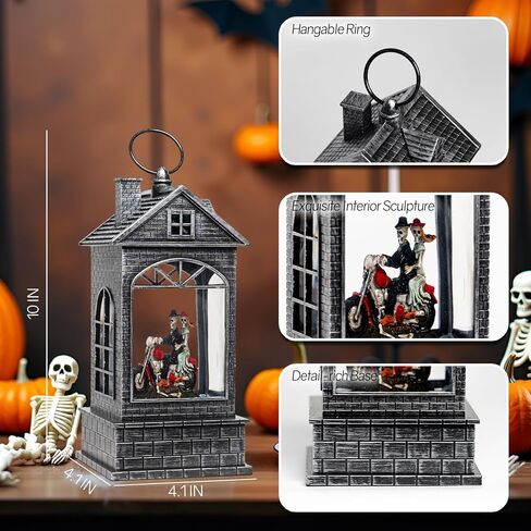 فانوس كرة الثلج للهالوين مع جمجمة - فانوس مائي شبح مع موسيقى - زوجان هيكليان يركبان دراجة نارية لتزيين الهالوين للمنزل - USB أو يعمل بالبطارية (النمط 4) in Kuwait