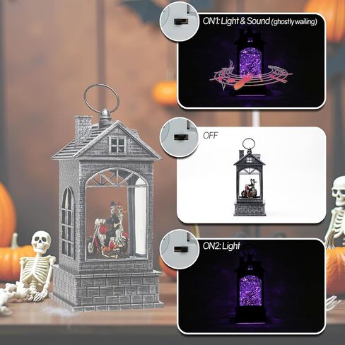 فانوس كرة الثلج للهالوين مع جمجمة - فانوس مائي شبح مع موسيقى - زوجان هيكليان يركبان دراجة نارية لتزيين الهالوين للمنزل - USB أو يعمل بالبطارية (النمط 4) in Kuwait