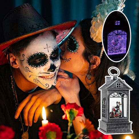 فانوس كرة الثلج للهالوين مع جمجمة - فانوس مائي شبح مع موسيقى - زوجان هيكليان يركبان دراجة نارية لتزيين الهالوين للمنزل - USB أو يعمل بالبطارية (النمط 4) in Kuwait