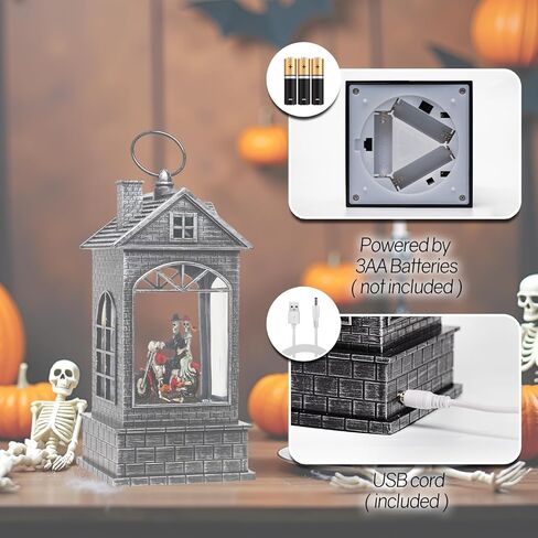 فانوس كرة الثلج للهالوين مع جمجمة - فانوس مائي شبح مع موسيقى - زوجان هيكليان يركبان دراجة نارية لتزيين الهالوين للمنزل - USB أو يعمل بالبطارية (النمط 4) in Kuwait