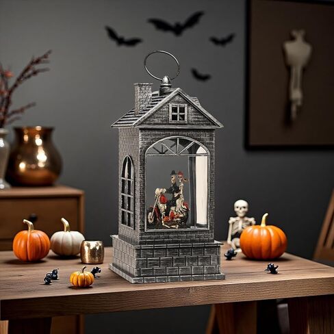 فانوس كرة الثلج للهالوين مع جمجمة - فانوس مائي شبح مع موسيقى - زوجان هيكليان يركبان دراجة نارية لتزيين الهالوين للمنزل - USB أو يعمل بالبطارية (النمط 4) in Kuwait