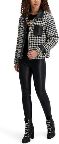 سترة قصيرة بنقشة Houndstooth للسيدات من KARL LAGERFELD مع زخرفة من الجلد الصناعي in Kuwait