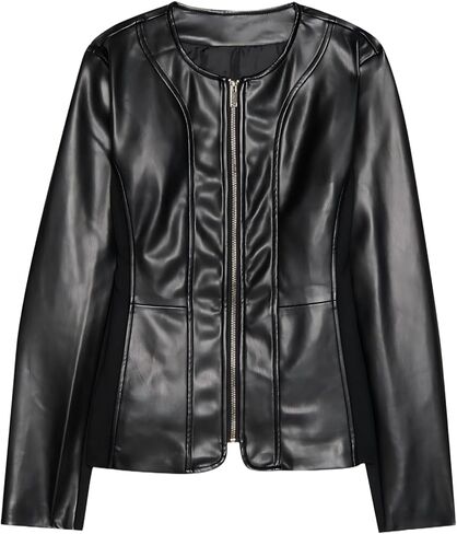 Women's Faux Leather Jacket, Round Neck, Zip Front, Long Sleeve, Beige and Black in Saudi Arabia