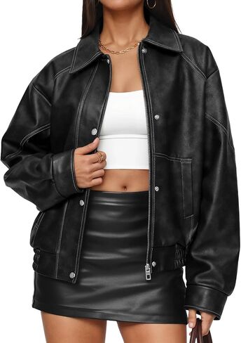Trendy Queen Womens Oversized Leather Jackets Fall Motorcycle Bomber Winter Coats 2026 in Saudi Arabia