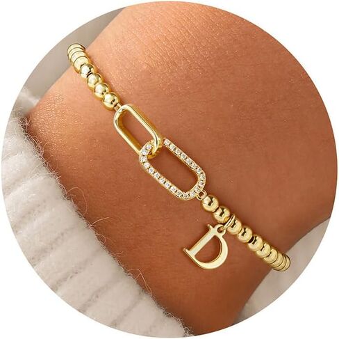 M MOOHAM Initial Bracelets for Women - 14K Gold Plated Cubic Zirconia Interlock Circles Letter A-Z Initial Bracelet, Stretch Beaded Bracelets for Women Jewelry Birthday Gifts in Saudi Arabia