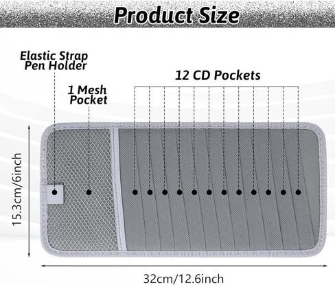 Cd Car Holder, Large Capacity CD Visor Holders for Car DVD Storage Case with 12 Disc Sleeves 1 Mesh Pocket 1 Pen Holder and Elastic Band Grey in Saudi Arabia
