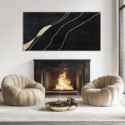 SHEYOYE Living Room Black Canvas Wall Art, and Gold Lines Modern Wall Art, Wall Hanging Office Wall Decor, Modern Bedroom Dormitory Home Decoration Aesthetic, 24" x 48" in Saudi Arabia
