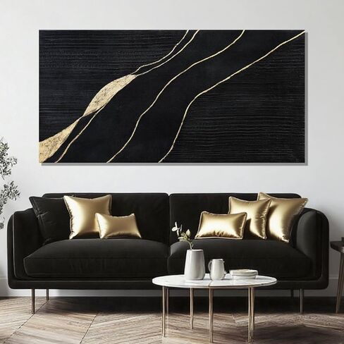 SHEYOYE Living Room Black Canvas Wall Art, and Gold Lines Modern Wall Art, Wall Hanging Office Wall Decor, Modern Bedroom Dormitory Home Decoration Aesthetic, 24" x 48" in Saudi Arabia