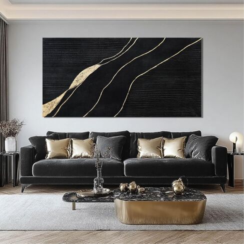 SHEYOYE Living Room Black Canvas Wall Art, and Gold Lines Modern Wall Art, Wall Hanging Office Wall Decor, Modern Bedroom Dormitory Home Decoration Aesthetic, 24" x 48" in Saudi Arabia