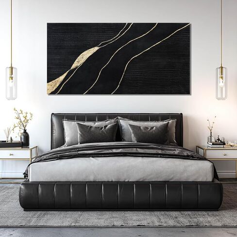 SHEYOYE Living Room Black Canvas Wall Art, and Gold Lines Modern Wall Art, Wall Hanging Office Wall Decor, Modern Bedroom Dormitory Home Decoration Aesthetic, 24" x 48" in Saudi Arabia