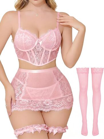 ملابس داخلية مثيرة للنساء من الدانتيل مشد Bralette تنورة صغيرة الأزهار الملابس الداخلية مجموعات بيبي دول غريبة مع ثونغ in Saudi Arabia