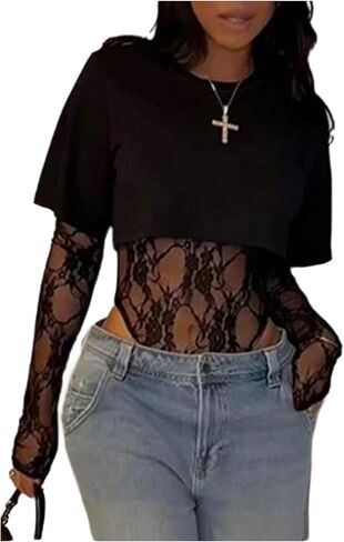 سالوبيت نسائي بأكمام طويلة من الدانتيل من Milumia مثير شفاف من خلال 2 في 1 تي شيرت للخروج in Kuwait