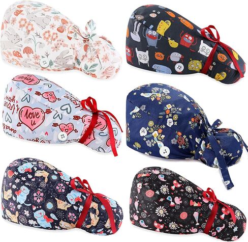 6 قطع قبعات فرك للنساء قبعات التمريض مع أزرار قبعات فرك قابلة للتعديل لقبعات طبيب الأسنان مع عصابة رأس قابلة للتعديل حامل ذيل حصان متعدد in Kuwait