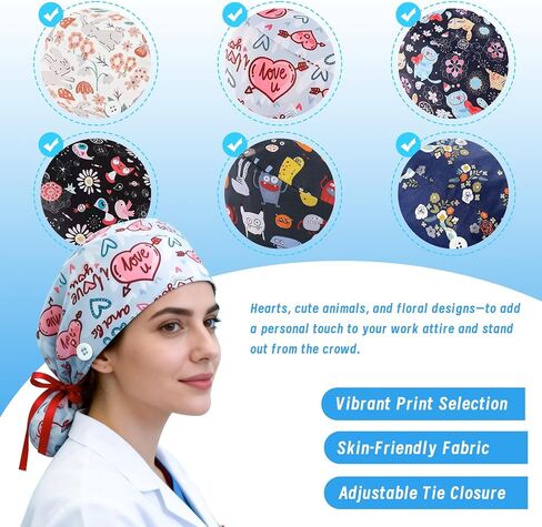 6 قطع قبعات فرك للنساء قبعات التمريض مع أزرار قبعات فرك قابلة للتعديل لقبعات طبيب الأسنان مع عصابة رأس قابلة للتعديل حامل ذيل حصان متعدد in Kuwait