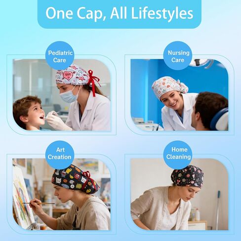 6 قطع قبعات فرك للنساء قبعات التمريض مع أزرار قبعات فرك قابلة للتعديل لقبعات طبيب الأسنان مع عصابة رأس قابلة للتعديل حامل ذيل حصان متعدد in Kuwait
