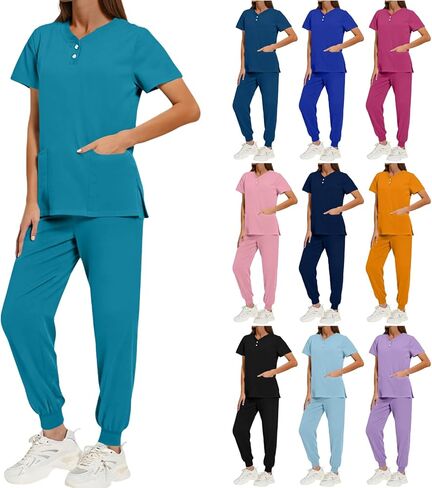 Womens Scrubs 2 Piece Set Short Sleeve V Neck Top Elastic Waist Jogger Pants Set Nurse Uniform Scrubs Workwear in Saudi Arabia
