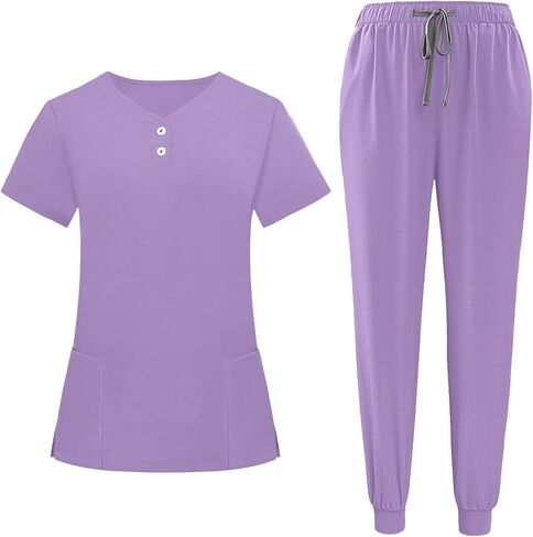Womens Scrubs 2 Piece Set Short Sleeve V Neck Top Elastic Waist Jogger Pants Set Nurse Uniform Scrubs Workwear in Saudi Arabia