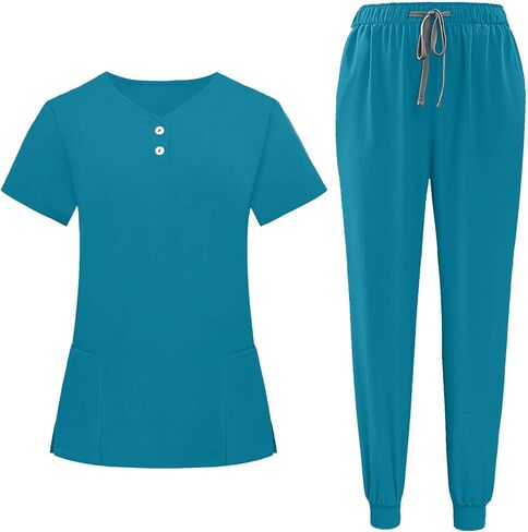 Womens Scrubs 2 Piece Set Short Sleeve V Neck Top Elastic Waist Jogger Pants Set Nurse Uniform Scrubs Workwear in Saudi Arabia