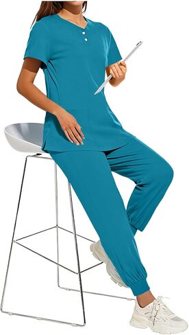 Womens Scrubs 2 Piece Set Short Sleeve V Neck Top Elastic Waist Jogger Pants Set Nurse Uniform Scrubs Workwear in Saudi Arabia
