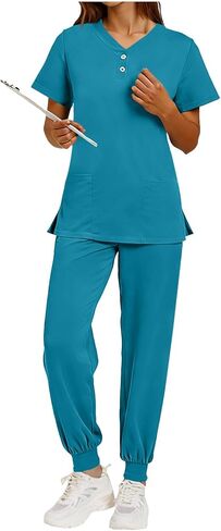 Womens Scrubs 2 Piece Set Short Sleeve V Neck Top Elastic Waist Jogger Pants Set Nurse Uniform Scrubs Workwear in Saudi Arabia