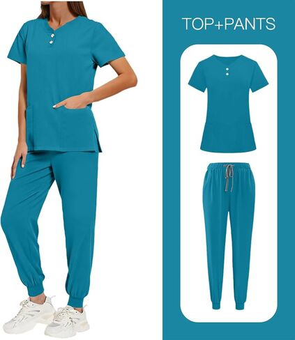 Womens Scrubs 2 Piece Set Short Sleeve V Neck Top Elastic Waist Jogger Pants Set Nurse Uniform Scrubs Workwear in Saudi Arabia