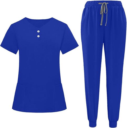 Womens Scrubs 2 Piece Set Short Sleeve V Neck Top Elastic Waist Jogger Pants Set Nurse Uniform Scrubs Workwear in Saudi Arabia