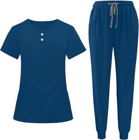 Womens Scrubs 2 Piece Set Short Sleeve V Neck Top Elastic Waist Jogger Pants Set Nurse Uniform Scrubs Workwear in Saudi Arabia