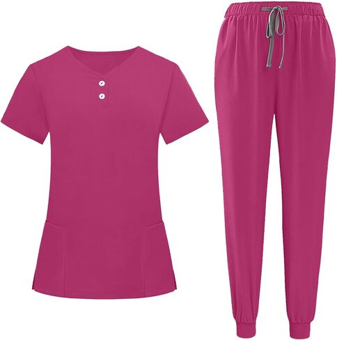Womens Scrubs 2 Piece Set Short Sleeve V Neck Top Elastic Waist Jogger Pants Set Nurse Uniform Scrubs Workwear in Saudi Arabia