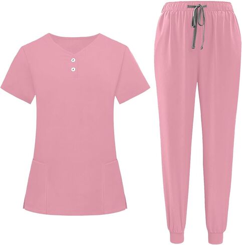 Womens Scrubs 2 Piece Set Short Sleeve V Neck Top Elastic Waist Jogger Pants Set Nurse Uniform Scrubs Workwear in Saudi Arabia