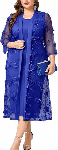 Plus Size Mother of The Bride Formal 2 Piece Dress Set with 3D Floral Mesh Jacket Dressy Suit Outfits Guest in Saudi Arabia