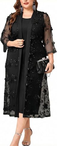 Plus Size Mother of The Bride Formal 2 Piece Dress Set with 3D Floral Mesh Jacket Dressy Suit Outfits Guest in Saudi Arabia