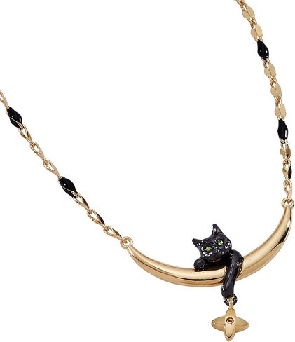 قلادة مضمنة على شكل قطة سماوية من Alex and Ani - مجوهرات سماوية مع قطة سوداء على هلال ذهبي، لونين، خالية من النيكل، قلادة قمر أنيقة للنساء in Kuwait