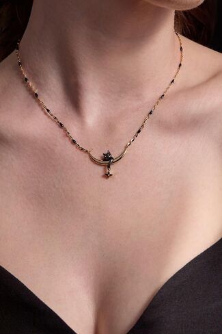 قلادة مضمنة على شكل قطة سماوية من Alex and Ani - مجوهرات سماوية مع قطة سوداء على هلال ذهبي، لونين، خالية من النيكل، قلادة قمر أنيقة للنساء in Kuwait