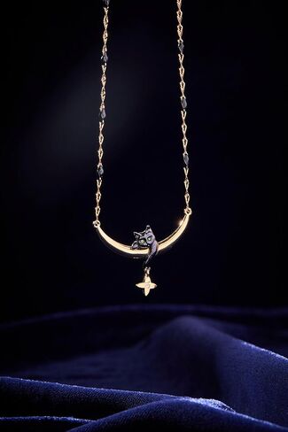 قلادة مضمنة على شكل قطة سماوية من Alex and Ani - مجوهرات سماوية مع قطة سوداء على هلال ذهبي، لونين، خالية من النيكل، قلادة قمر أنيقة للنساء in Kuwait