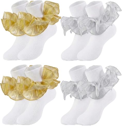 Girls Ruffle Socks Toddler Girl Frilly Lace Dress With Gold Silver Ruffles Fold Over Cuff Sock 4 Pairs in Kuwait