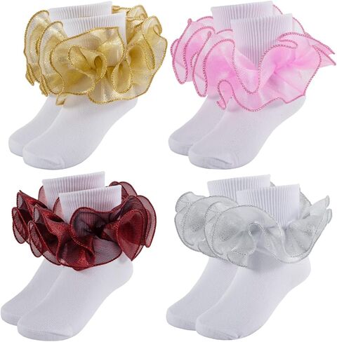 Girls Ruffle Socks Toddler Girl Frilly Lace Dress With Gold Silver Ruffles Fold Over Cuff Sock 4 Pairs in Saudi Arabia